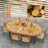 Tangkula 9 Pieces Outdoor Dining Set, Patio Furniture Set with Acacia Wood Top & Umbrella Hole, Metal Frame