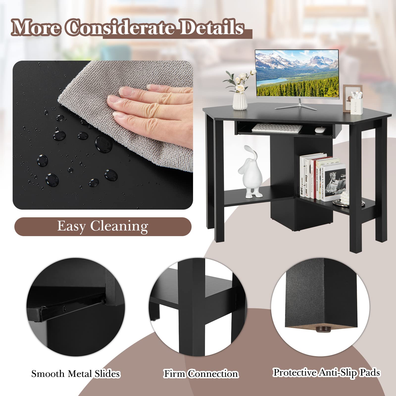 Corner Computer Desk with Smooth Keyboard Tray for Small Space - Tangkula