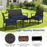 Tangkula 4 Pieces Outdoor Conversation Set, Patio PE Wicker Sofa with Tempered Glass Coffee Table