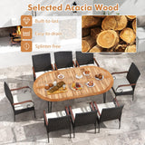 Tangkula 9 Pieces Patio Rattan Dining Set, Outdoor Oval Acacia Wood Dining Table and Wicker Armchairs Set with Umbrella Hole