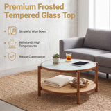Tangkula 2-Tier Round Coffee Table | Wooden Center Table with Frosted Tempered Glass Top