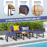 Tangkula 6 Piece Patio Conversation Sofa Set, Acacia Wood Chair Set with Ottomans & Coffee Table