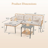 Tangkula 3 Pieces Corner Patio Furniture Set, PE Rattan L-Shaped Cushioned Sofa Set with Small Coffee Table
