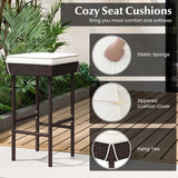 Tangkula Patio Rattan Barstools Set, Outdoor Wicker Bar Height Chairs with Footrest & Soft Cushions