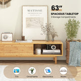 Tangkula Bamboo TV Stand for 65” 70” TVs, 63” Mid Century Modern TV Console Table with Sliding Doors & 3 Storage Compartments