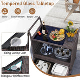 Tangkula Outdoor Rolling Wicker Bar Cart with Tempered Glass Top