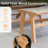 Tangkula Ottoman Footstool, Natural Teak Wooden Foot Rest with Handwoven Rattan