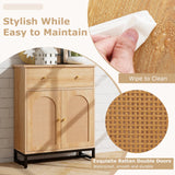 Tangkula Bathroom Storage Cabinet with Rattan Doors & Drawer, Sideboard Buffet Cabinet Coffee Bar(Farmhouse, Natural)