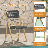 Tangkula Set of 2 Patio Folding Chairs, Solid Teak Wood Dining Chairs with Woven Rope Seat & Back