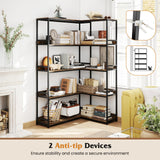 Tangkula 90 Degrees 5 Tier Industrial Wood Open Corner Bookcase for Small Spaces