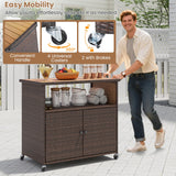Tangkula Rattan Outdoor Storage Cabinet with Acacia Wood Countertop Open Compartment Storage Shelf