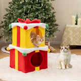 Tangkula 2 Gift Box Shaped Cute Christmas Cat House with Bow
