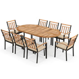 Tangkula 9 Pieces Outdoor Dining Set, Patio Furniture Set with Acacia Wood Top & Umbrella Hole, Metal Frame