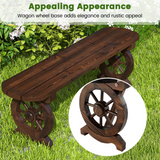 Tangkula Patio Rustic Wood Bench, Carbonized Wood Long Bench with Wagon Wheel Base, Slatted Seat Design