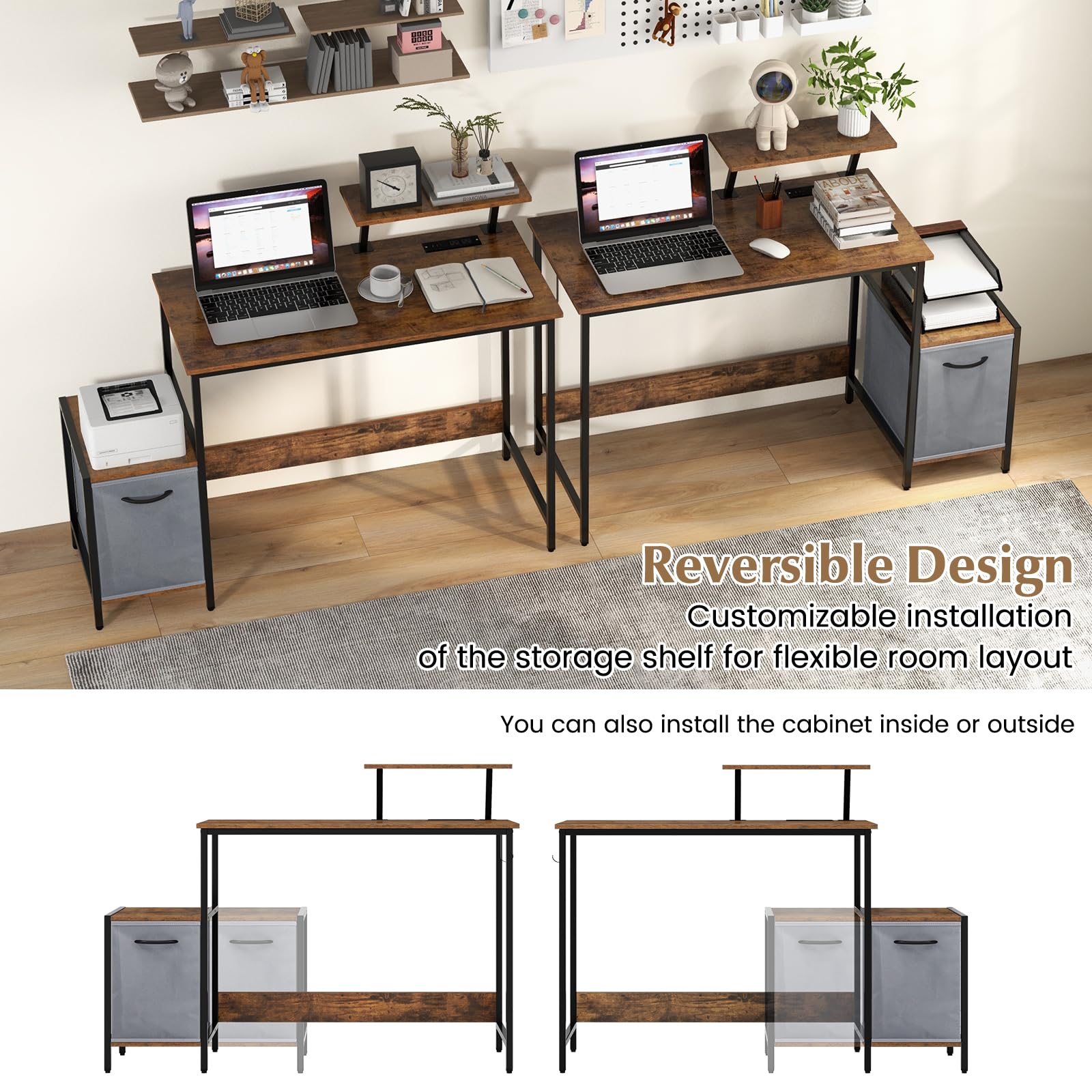 Computer Desk with Reversible Fabric Drawer & Moveable Shelf