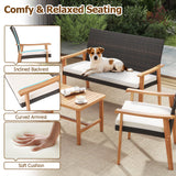 Tangkula PE Rattan Outdoor Cushioned Conversation Chairs with Acacia Wood Coffee Table