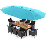 Tangkula 11 Piece Patio Wicker Dining Set w/Double-Sided Patio Umbrella