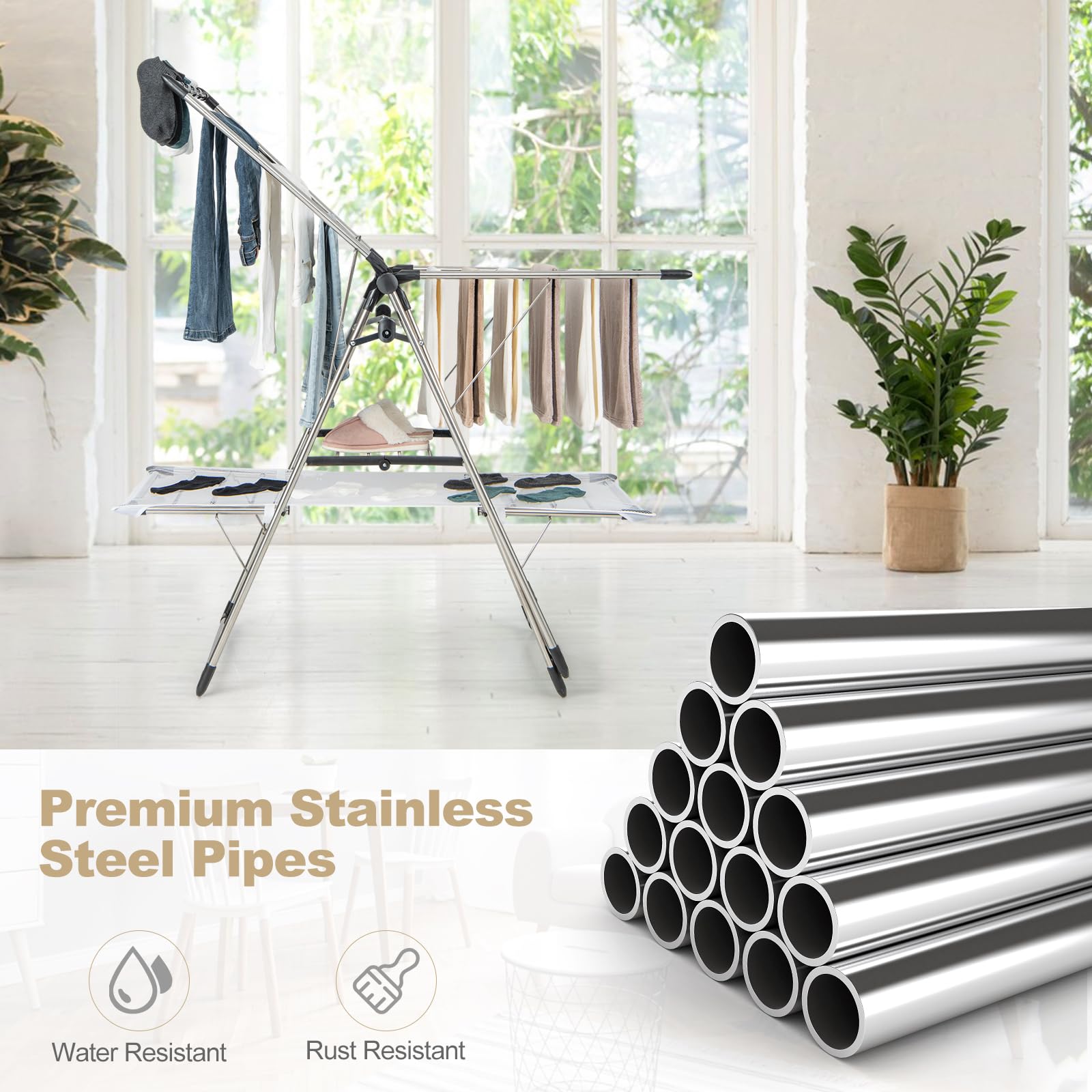 drying rack that waters plants Tangkula Foldable Clothes Drying Rack, 2-Tier Laundry Drying Rack w/Tall Hanging Bar