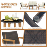 Tangkula 5 Piece Rattan Furniture Set, Patiojoy Wicker Sofa Set with Solid Acacia Wood Frame & 2 Tempered Glass Coffee Tables