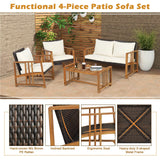 Tangkula 4 Pieces Patio Sofa Set, Outdoor Mix Brown Rattan Conversation Set with Acacia Wood Frame