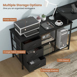 Tangkula L-Shaped Computer Desk with Power Outlet, Convertible Corner Desk with Drawers & Shelves