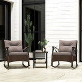 Tangkula 3 Pieces Outdoor Rocking Chairs Set, Rattan Heavy Duty Cushioned Rocker Chairs with 2-Tier Tempered Glass Coffee Table