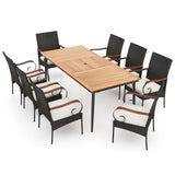 Tangkula 9-Piece Patio Dining Set, 79" Outdoor Dining Table & 8 Rattan-Woven Dining Chairs with Acacia Wood Tabletop
