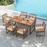 Tangkula 7 Pieces Patio Dining Set, Outdoor Acacia Wood Table and Chairs with Soft Cushions and Umbrella Hole