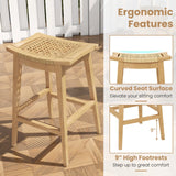 Tangkula 3 Piece Patio Bar Set, Teak Wood Bistro Furniture with Footrest, Round Cocktail Table with 2 Rattan Saddle Stools