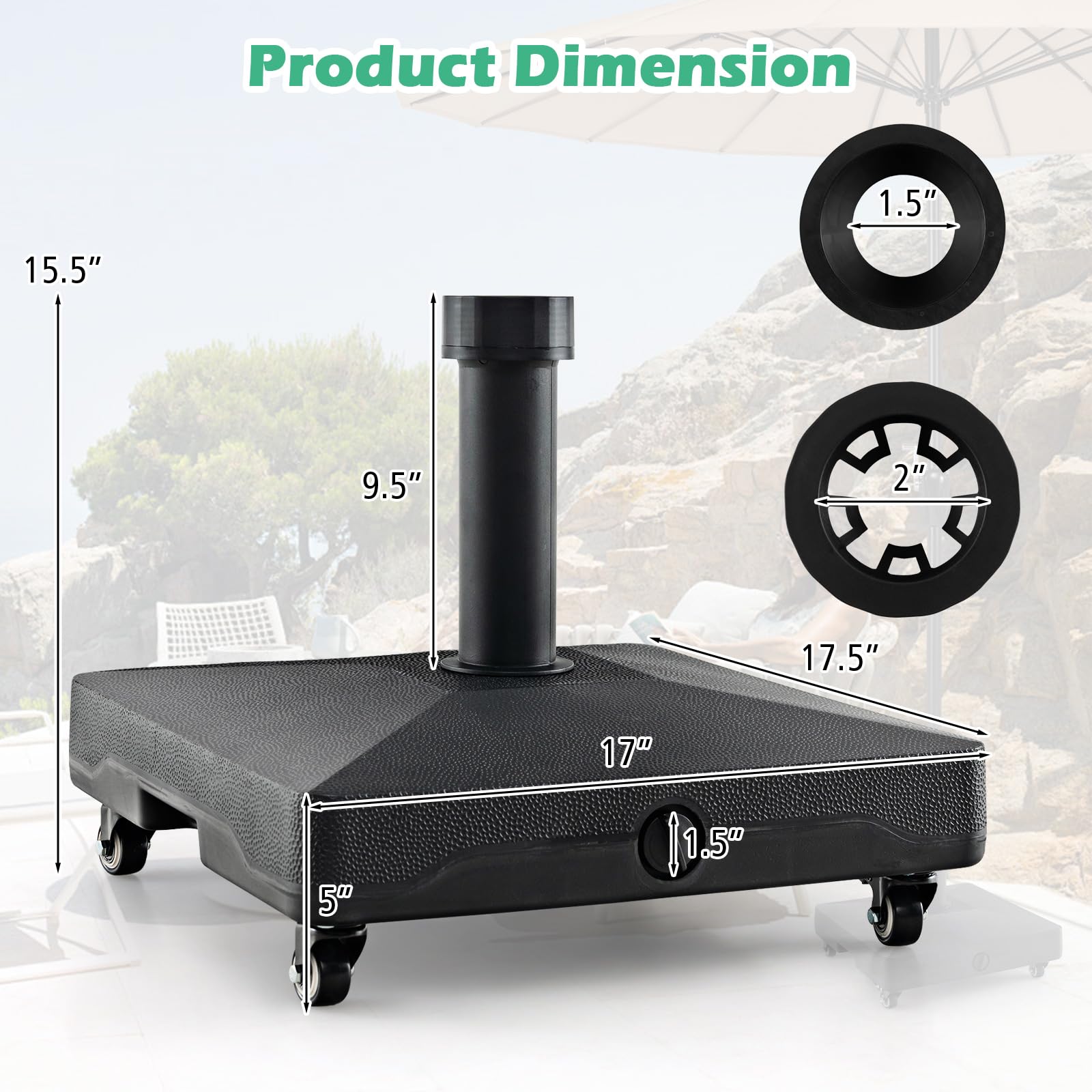 2.5 patio umbrella stand Tangkula Patio Umbrella Base, Heavy-Duty 54 lbs Market Stand w/4 Universal Wheels, 2 Receivers, Square Pole Stand