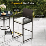 Tangkula Outdoor Heavy Duty Wicker Bar Height Table & 2 Cushioned Barstools