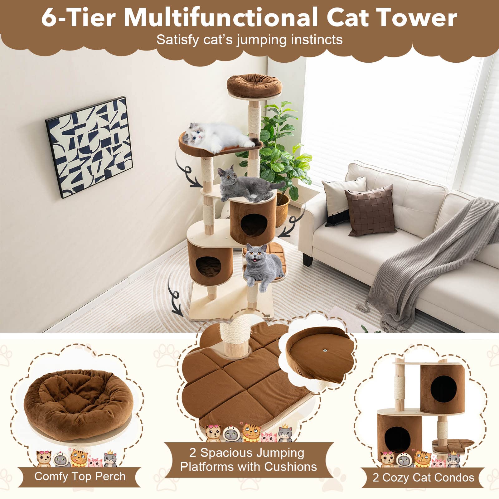 107 Inch Cat Tree Tangkula 75 Inch Tall Cat Tree for Indoor Cats, Natural Solid Rubber W ...