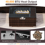 Tangkula 7 Pieces Wicker Patio Furniture Set with 40,000 BTU Gas Fire Pit Table & Propane Tank Cover Table & Glass Top Coffee Table