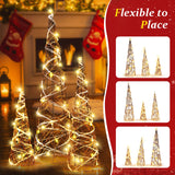 Tangkula Set of 3 Lighted Christmas Rattan Cone Trees, Holiday Decorative Trees with LED Lights and Metal Frame