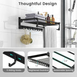 Tangkula Foldable Bathroom Shelf, Wall Mounted Bathroom Shelf Rack w/Adjustable Bar & Movable Hooks