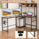 Tangkula L-Shaped Desk with Power Outlet, Large Corner Desk Converts to 2-Person Long Desk with Hutch