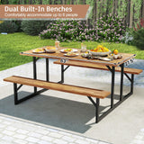 Tangkula 6-Person Acacia Wood Picnic Table with 2 Built-in Benches