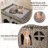 Tangkula Foldable Rattan Cat Litter Box Enclosure 2 Tier Wicker Cat Condo with Flip-Down Door & Window