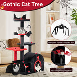 Tangkula Gothic Cat Tree, 53 Inch Black Cat Tower with Coffin Cat Bed, Spider Pompom & Spring Balls, Halloween Pet Furniture