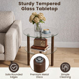 Tangkula 2-Tier Round End Table with Clear Tempered Glass Top and Shelf