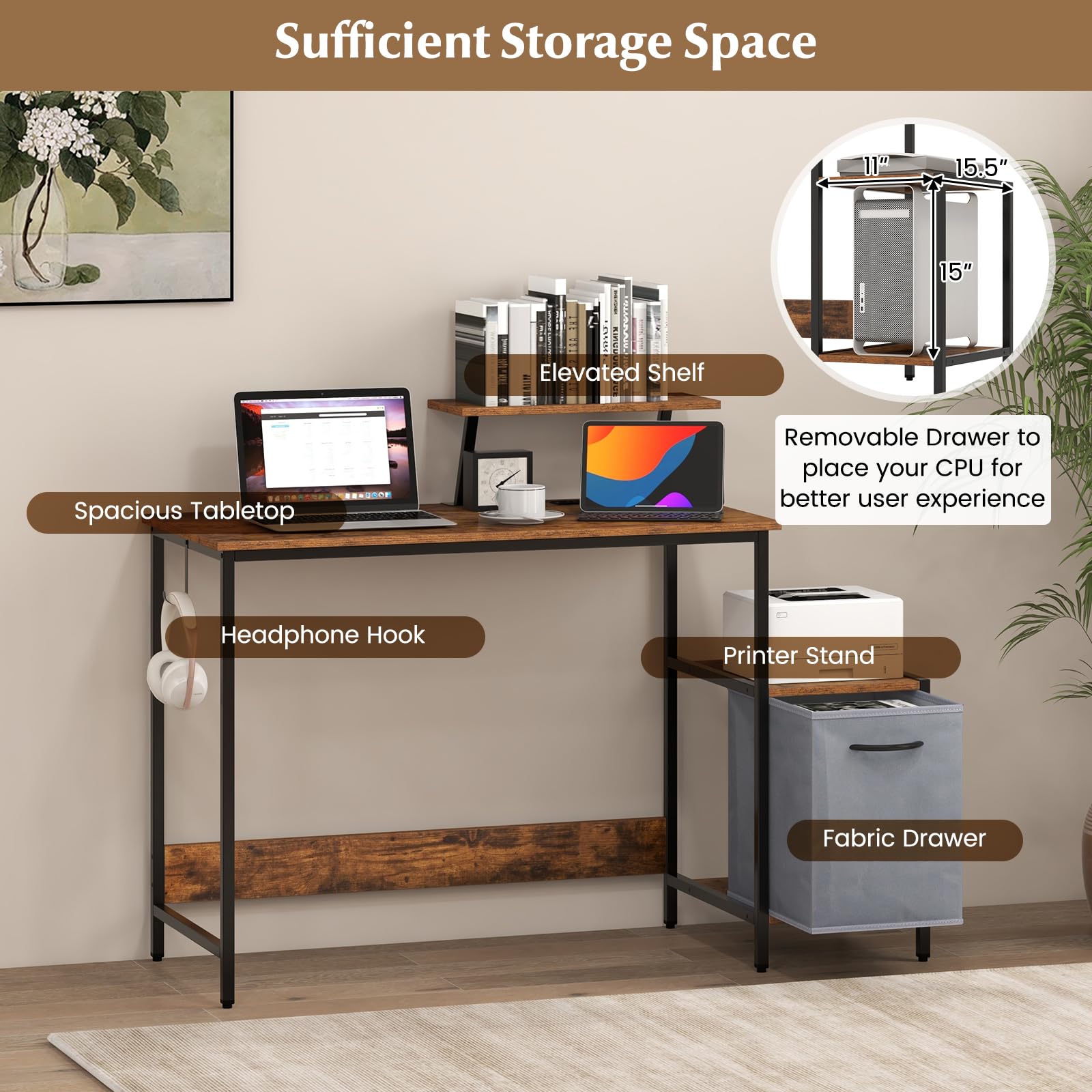 Computer Desk with Reversible Fabric Drawer & Moveable Shelf