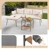Tangkula 3 Pieces Corner Patio Furniture Set, PE Rattan L-Shaped Cushioned Sofa Set with Small Coffee Table