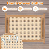 Tangkula Ottoman Footstool, Natural Teak Wooden Foot Rest with Handwoven Rattan