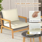 Tangkula 5 Piece Rattan Furniture Set, Patiojoy Wicker Sofa Set with Solid Acacia Wood Frame & 2 Tempered Glass Coffee Tables