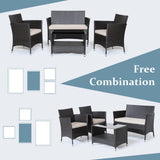 Tangkula 4 Pieces Patio Furniture Set, Patiojoy Outdoor PE Wicker Conversation Set with Soft Cushions and Tempered Glass Tabletop