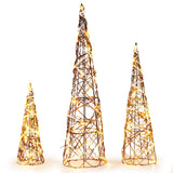 Tangkula Set of 3 Lighted Christmas Rattan Cone Trees, Holiday Decorative Trees with LED Lights and Metal Frame