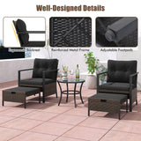 Tangkula 5 Piece Outdoor Furniture Set, Rattan Chairs & Ottomans w/Round Glass Topped Coffee Table