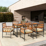 Tangkula 7 Pieces Patio Dining Set, Outdoor Acacia Wood Table and Chairs with Soft Cushions and Umbrella Hole