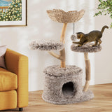 Tangkula Solid Wood Cat Tree with Well-Woven Cattail Basket