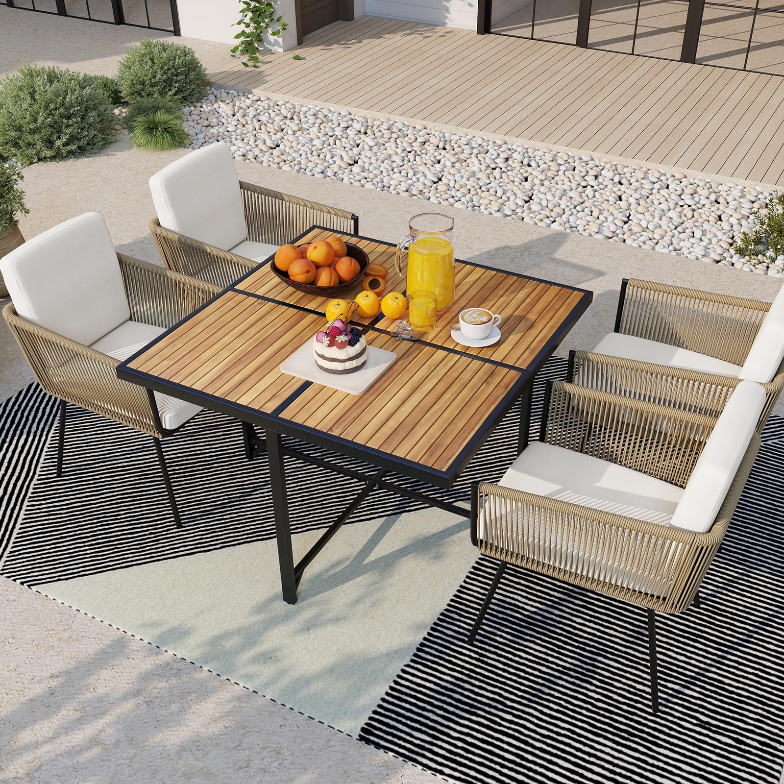 Tangkula Outdoor Rectangular Table and Chairs with Acacia Wood Tabletop